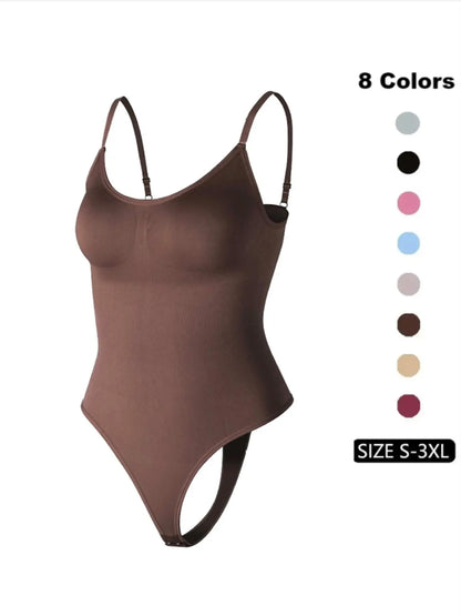 Women'S Solid Spaghetti Strap Adjustable Strap Backless Shapewear Bodysuit, Casual Comfy Seamless Tummy Control Butt Lifting Bodysuit for Daily Wear, Ladies Shapewear for All Seasons